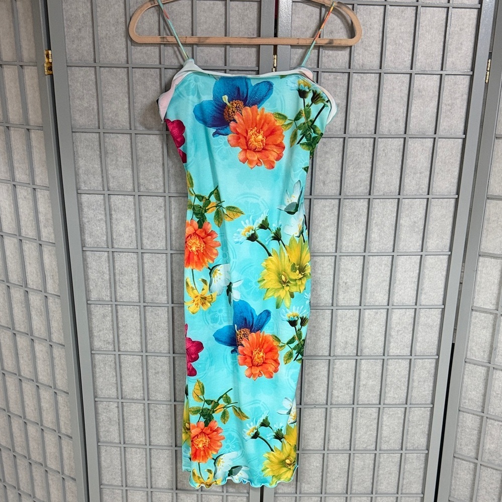 Vibrant Floral Midi Dress with Spaghetti Straps
